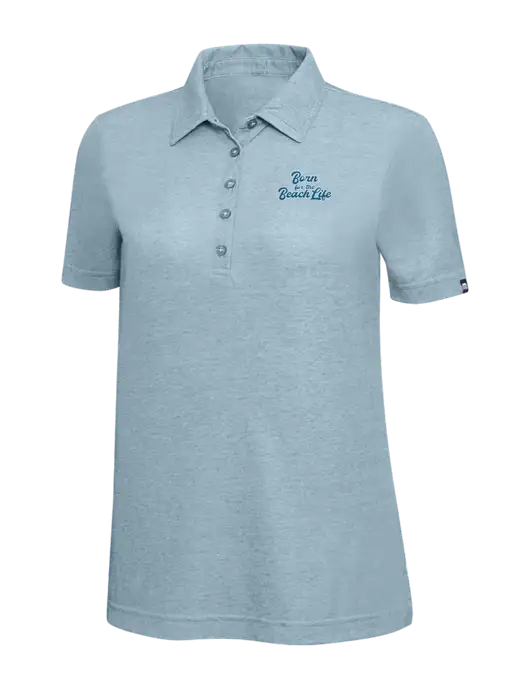 TravisMathew Light Blue Heather Womens  Oceanside Polo w/Beach Life Text Logo