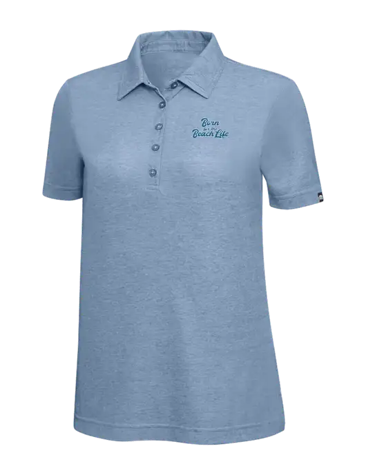 TravisMathew Slate Blue Heather Womens Oceanside Polo w/Beach Life Text Logo