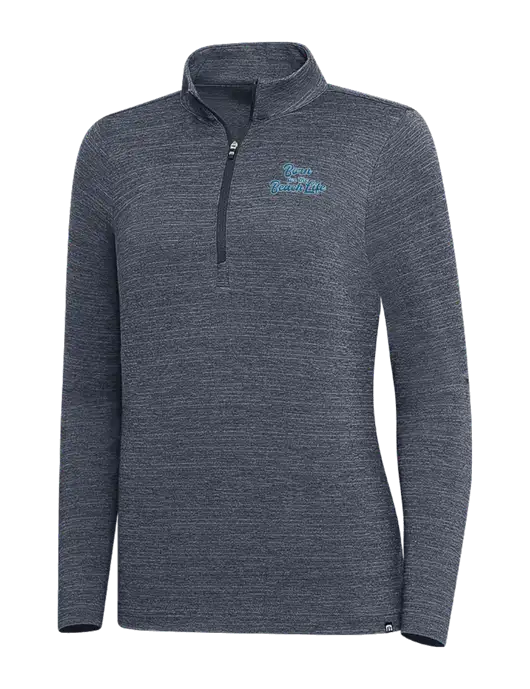 TravisMathew Navy Heather Womens Crestview 1/4 Zip w/Beach Life Text Logo