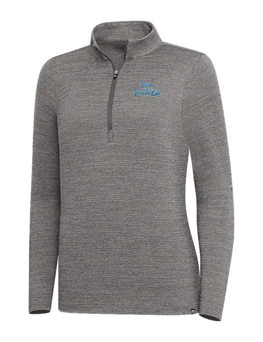 TravisMathew Medium Grey Heather Womens Crestview 1/4 Zip w/Beach Life Text Logo