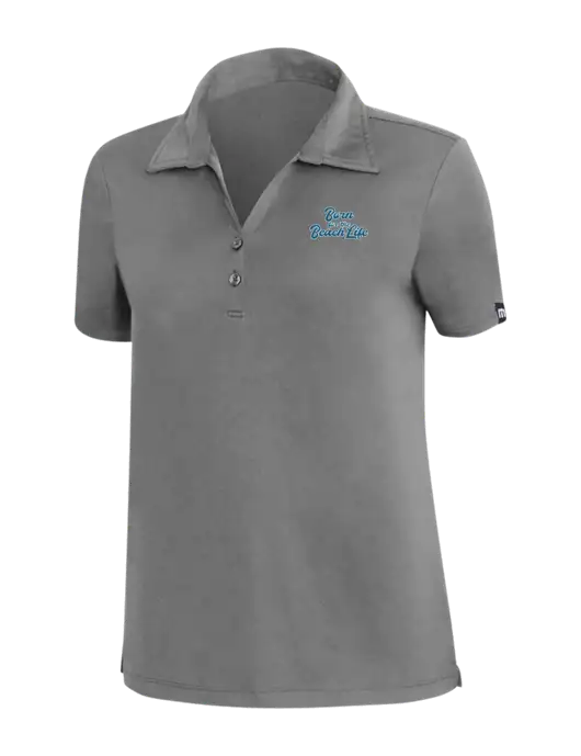 TravisMathew Med Dark Grey Womens Coto Performance Polo w/Beach Life Text Logo