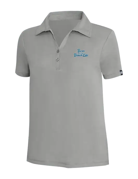 TravisMathew Light Grey Heather Womens Coto Performance Polo w/Beach Life Text Logo