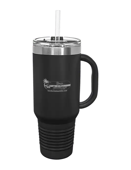 Polar Camel 40 oz. Powder Coated Vacuum Insulated Black Travel Mug with Straw w/Beach Life Logo
