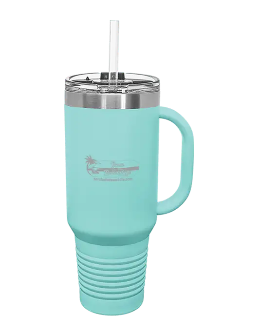 Polar Camel 40 oz. Powder Coated Vacuum Insulated Seafoam Travel Mug with Straw w/Beach Life Logo