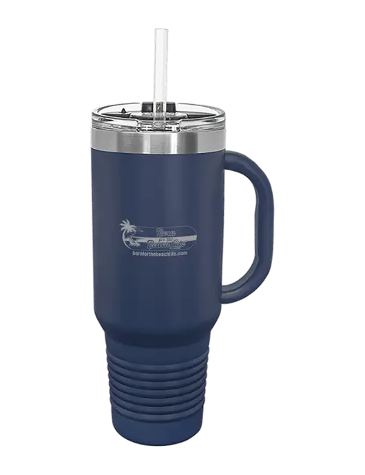 Polar Camel 40 oz. Powder Coated Vacuum Insulated Navy Travel Mug with Straw w/Beach Life Logo