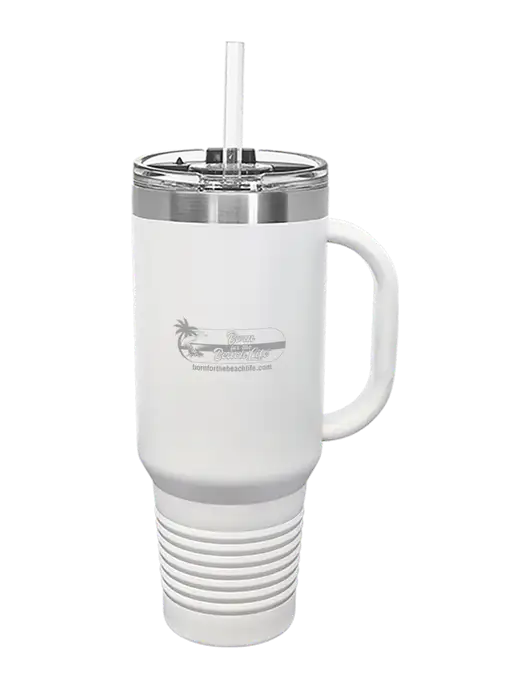 Polar Camel 40 oz. Powder Coated Vacuum Insulated White Travel Mug with Straw w/Beach Life Logo