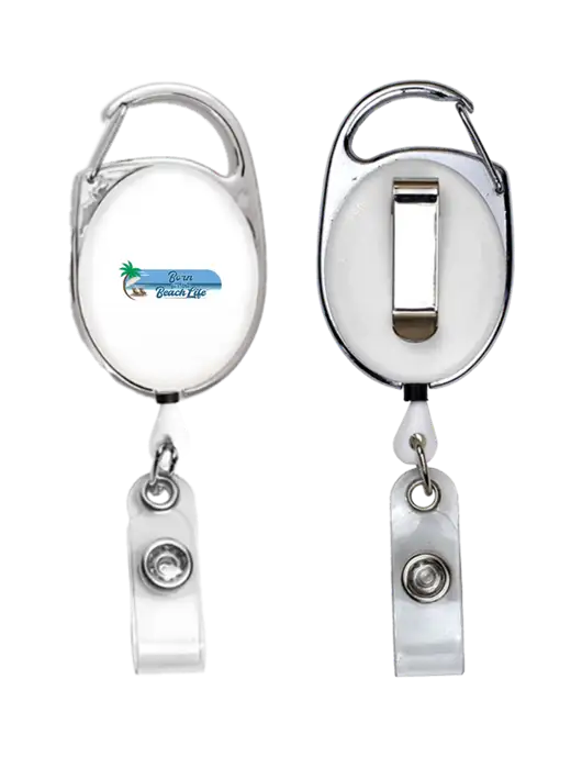 White Carabiner Style Badge Reel and Badge Holder w/Beach Life Logo