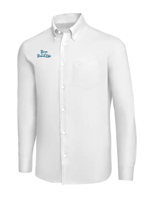 Brooks Brothers White Wrinkle-Free Stretch Nailhead Shirt w/Beach Life Text Logo