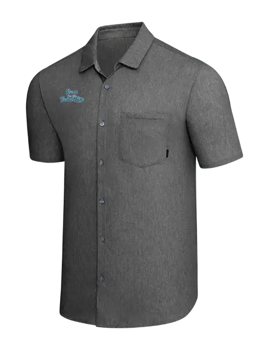 OGIO Dark Grey Heather Extend Short Sleeve Button Up Shirt w/Beach Life Text Logo