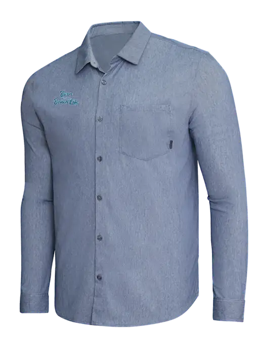 OGIO Slate Blue Heather Extend Long Sleeve Button Up Shirt w/Beach Life Text Logo