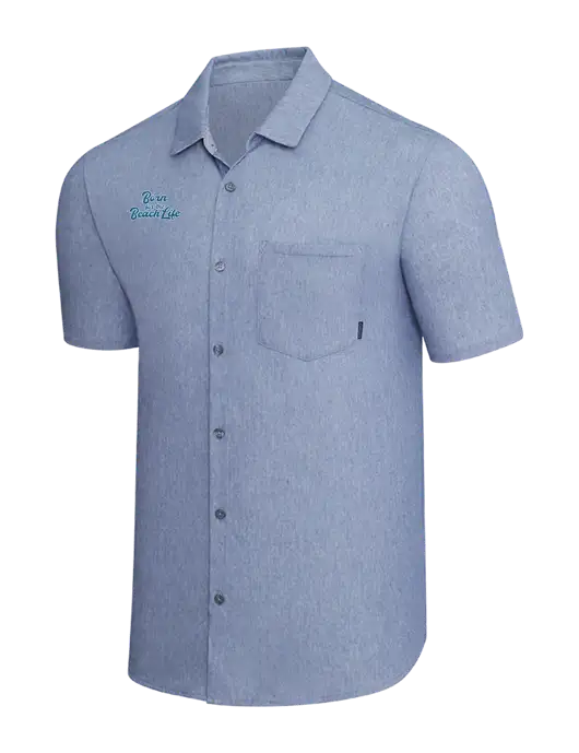 OGIO Slate Blue Heather Extend Short Sleeve Button Up Shirt w/Beach Life Text Logo