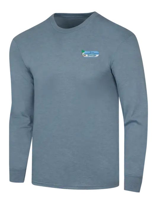 Simply Soft Long Sleeve Slate Blue Heather 4.5 oz, Poly/Combed Ring Spun Cotton T-Shirt w/Beach Life Logo