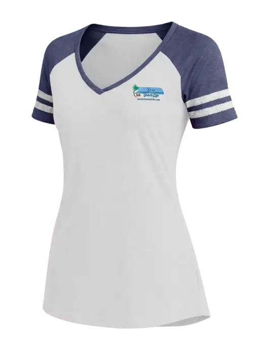 Womens White/Navy Heather V-Neck Game Tee w/Beach Life Logo