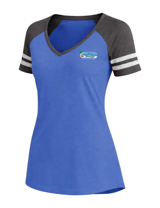 Womens Royal Heather/Charcoal Heather V-Neck Game Tee w/Beach Life Logo