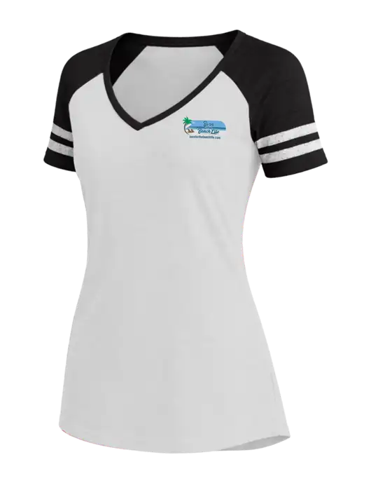 Womens White/Black V-Neck Game Tee w/Beach Life Logo