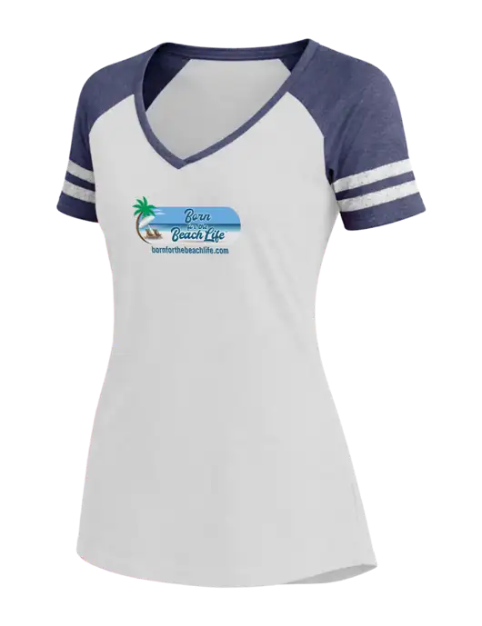 Womens White/Navy Heather V-Neck Game Tee w/Beach Life Logo