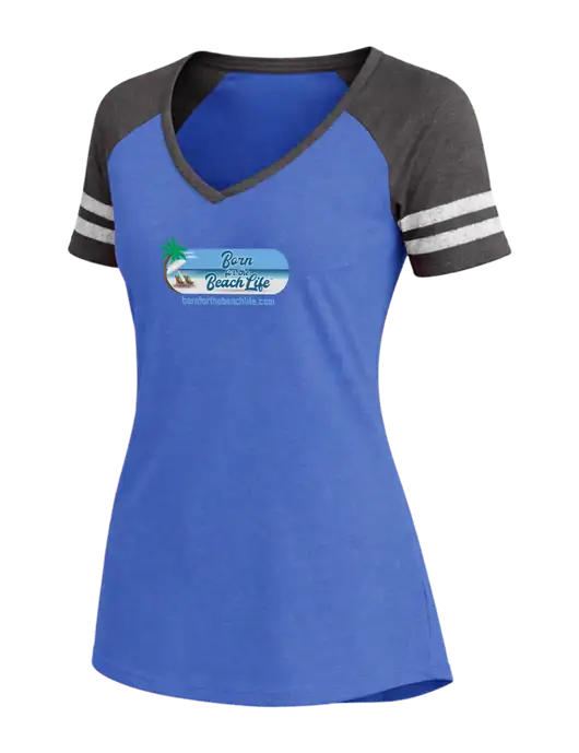 Womens Royal Heather/Charcoal Heather V-Neck Game Tee w/Beach Life Logo