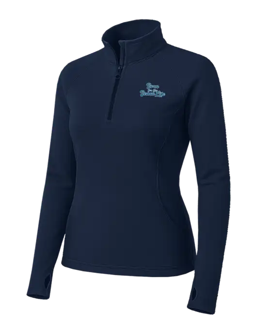 Navy Womens Sport Wick Stretch 1/4 Zip Pullover w/Beach Life Text Logo