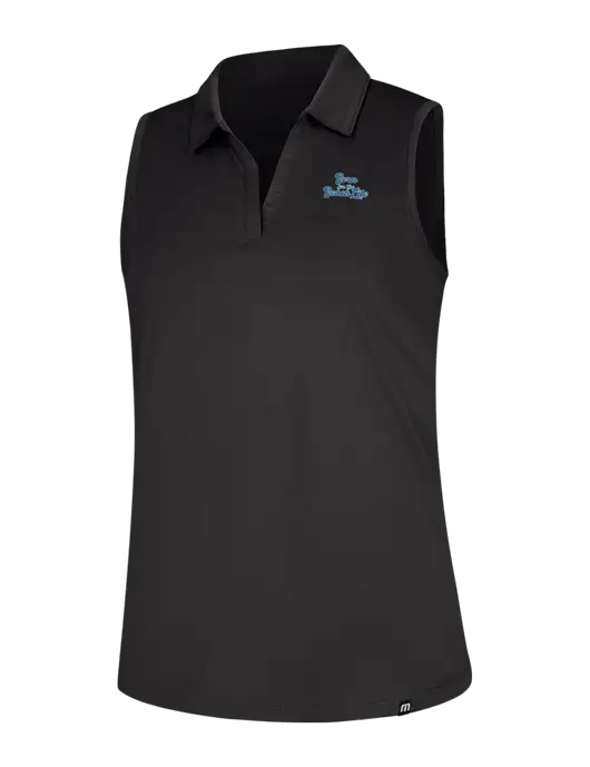 TravisMathew Womens Black Coto Performance Sleeveless Polo w/Beach Life Text Logo