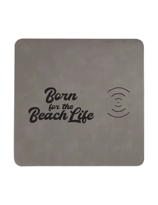 Grey Laserable Leatherette Phone Charging Mat w/Beach Life Text Logo