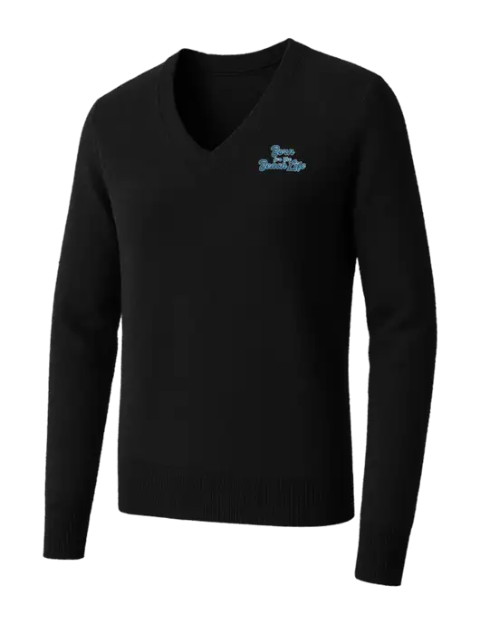 Brooks Brothers Womens Black Washable Merino V-Neck Sweater w/Beach Life Text Logo