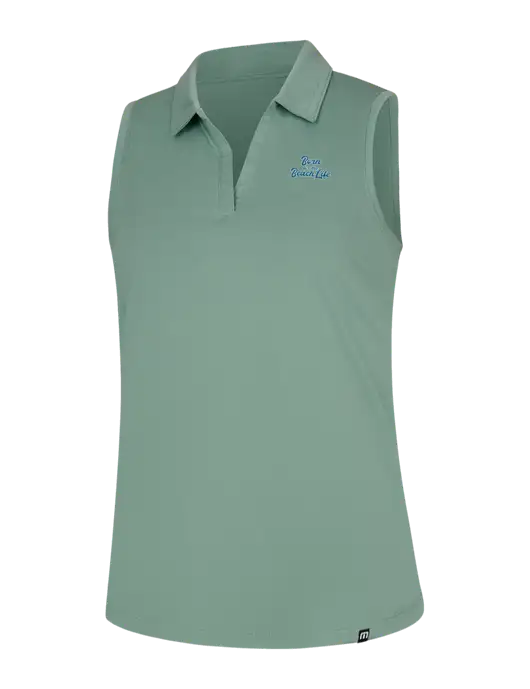 TravisMathew Womens Light Green Heather Coto Performance Sleeveless Polo w/Beach Life Text Logo