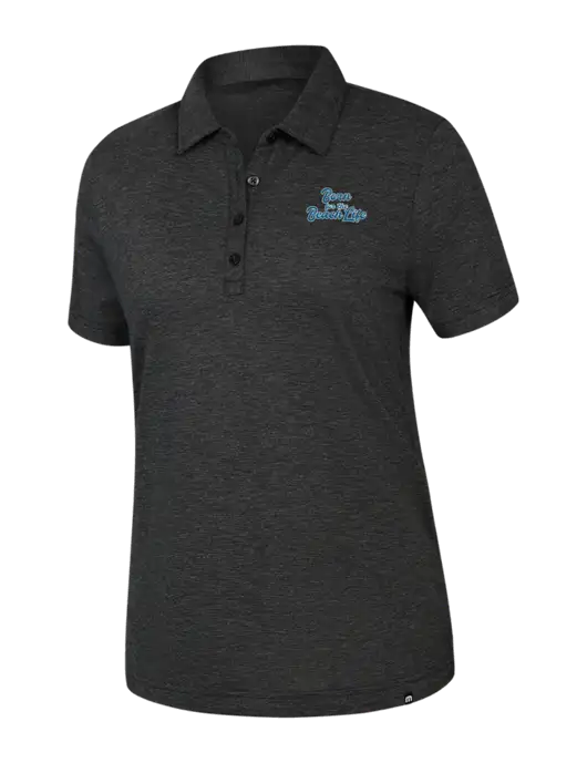 TravisMathew Womens Black Heather Sunnyvale Polo w/Beach Life Text Logo