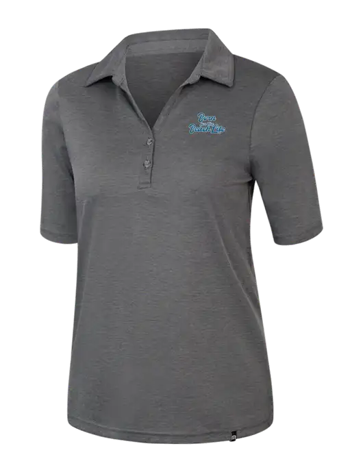 TravisMathew Womens Black Heather Sunsetters Polo w/Beach Life Text Logo