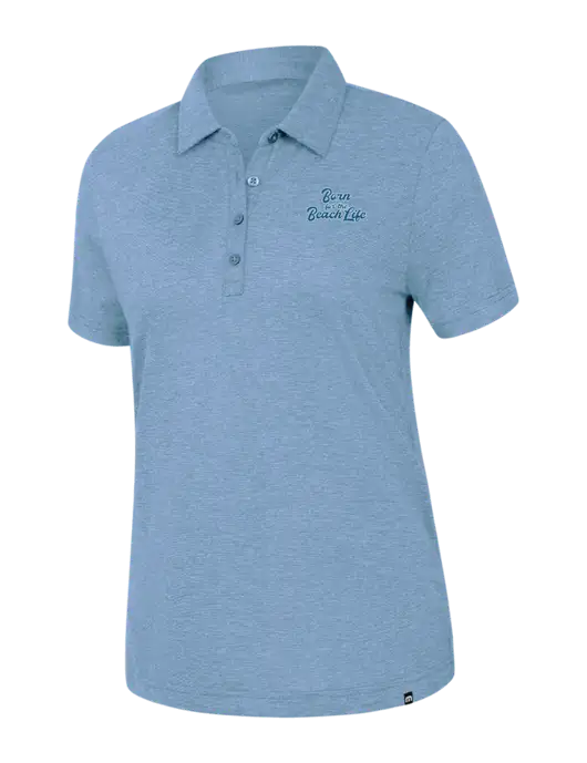 TravisMathew Womens Light Blue Heather Sunnyvale Polo w/Beach Life Text Logo