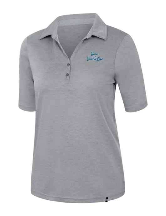 TravisMathew Womens Medium Grey Heather Sunsetters Polo w/Beach Life Text Logo