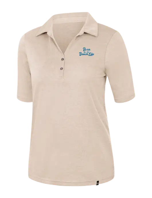 TravisMathew Womens Light Tan Heather Sunsetters Polo w/Beach Life Text Logo