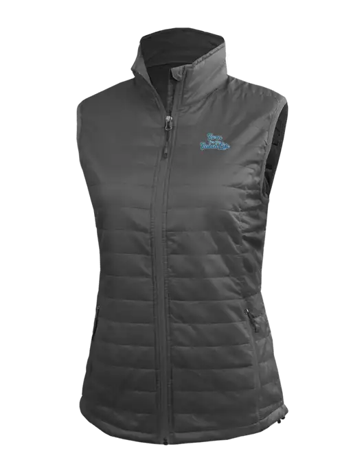 Womens Packable Dark Grey Puffy Vest w/Beach Life Text Logo