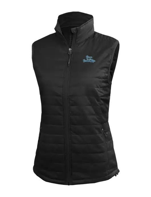 Womens Packable Black Puffy Vest w/Beach Life Text Logo