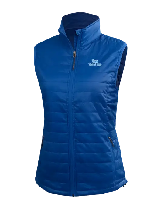 Womens Packable Royal Puffy Vest w/Beach Life Text Logo
