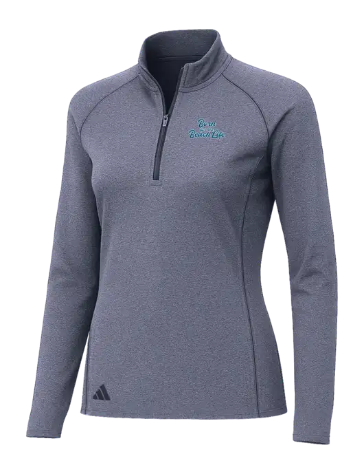 Adidas Womens Navy Melange Space Dyed Quarter-Zip Pullover  w/Beach Life Text Logo