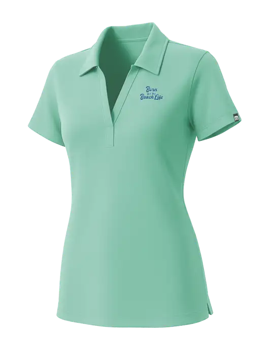 TravisMathew Womens Very Light Green Glenview Solid Polo w/Beach Life Text Logo