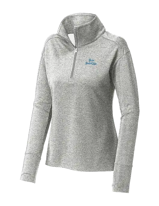 Womens Sport-Wick Flex Fleece Light Grey Heather 1/4-Zip w/Beach Life Text Logo
