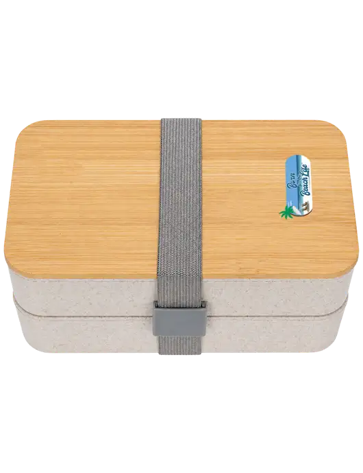 Double Decker Natural Ivory Lunch Box w/Eco-Friendly FSC Bamboo Lid & Reusable Utensils w/Beach Life Logo