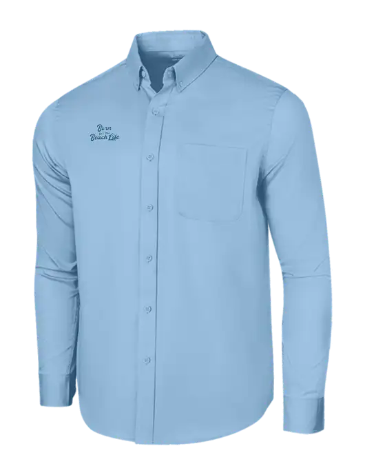 Long Sleeve Light Blue Superpro React Twill Shirt w/Beach Life Text Logo