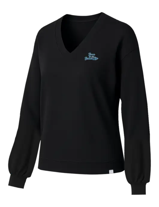 TravisMathew Womens Long Weekend Black V-Neck
 w/Beach Life Text Logo