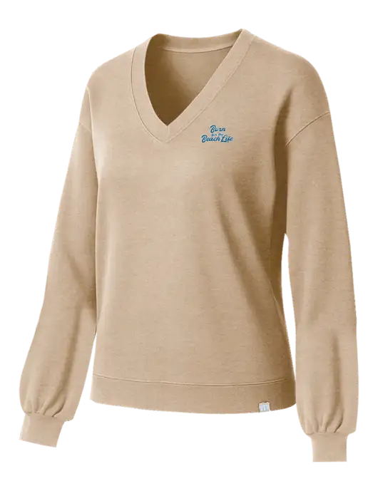 TravisMathew Womens Long Weekend Tan Heather V-Neck
 w/Beach Life Text Logo