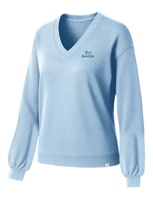 TravisMathew Womens Long Weekend Light Blue Heather V-Neck
 w/Beach Life Text Logo