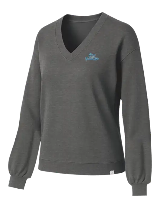 TravisMathew Womens Long Weekend Medium Heather Grey V-Neck
 w/Beach Life Text Logo