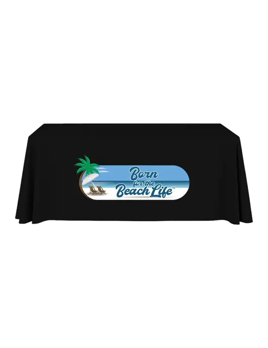 6' Stain-Resistant 4-Sided Black Table Cover w/Beach Life Logo