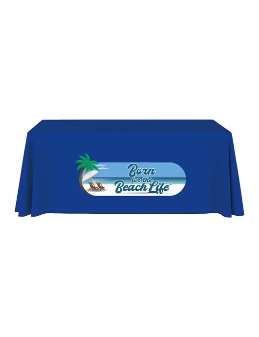 6' Stain-Resistant 4-Sided Dark Royal Table Cover w/Beach Life Logo
