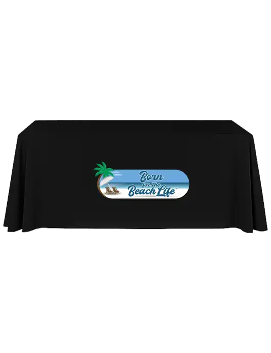 8' Stain-Resistant 4-Sided Black Table Cover w/Beach Life Logo