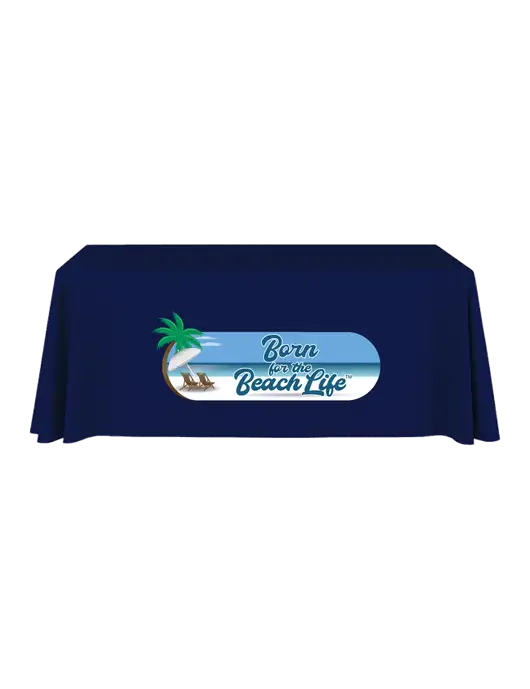 6' Stain-Resistant 4-Sided Dark Navy Table Cover w/Beach Life Logo